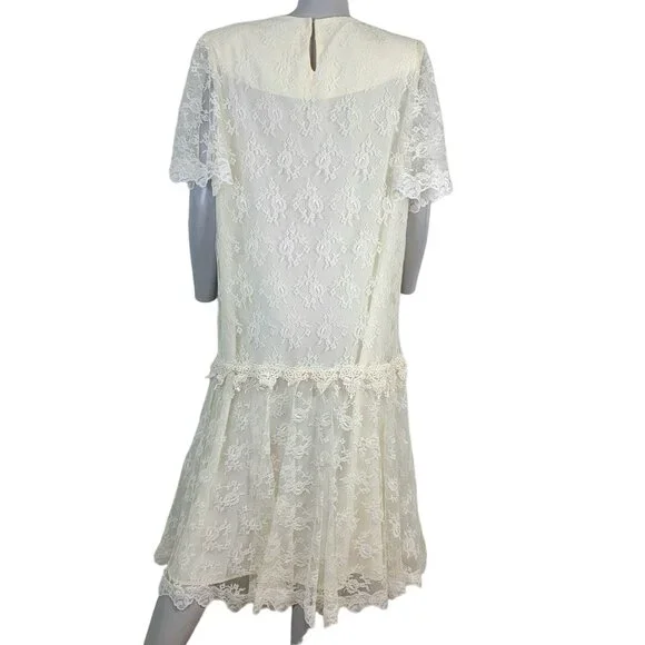 Vintage 80s Lace Midi Dress Women 12 Cream 20s Style Formal Wedding Retro Summer - Picture 7 of 13